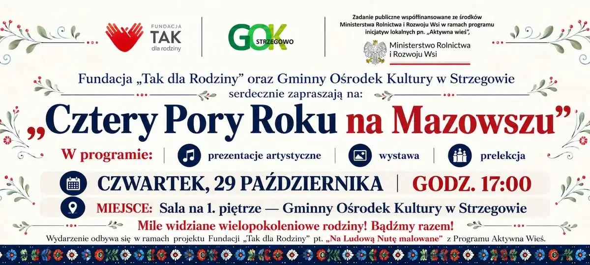 Strzegowo: „Cztery Pory Roku na Mazowszu” – ludowe spotkanie w GOK już w czwartek